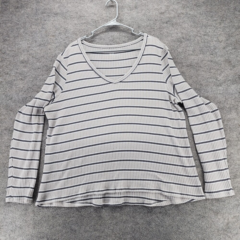 American Eagle Shirt Womens XXL Long Sleeve Gray Striped Ribbed V Neck